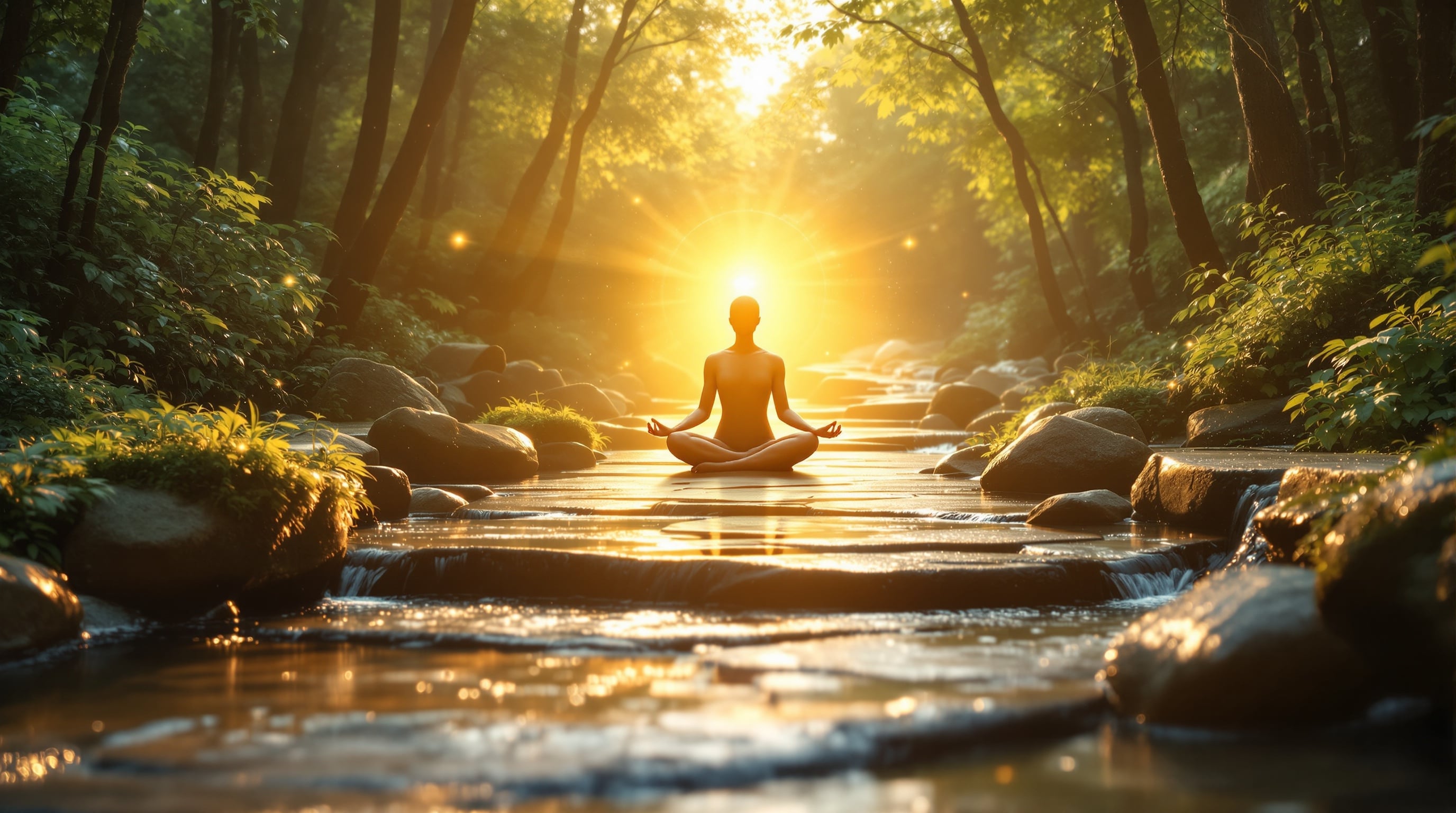 Holistic healing journey with meditative figure surrounded by golden light on a forest path