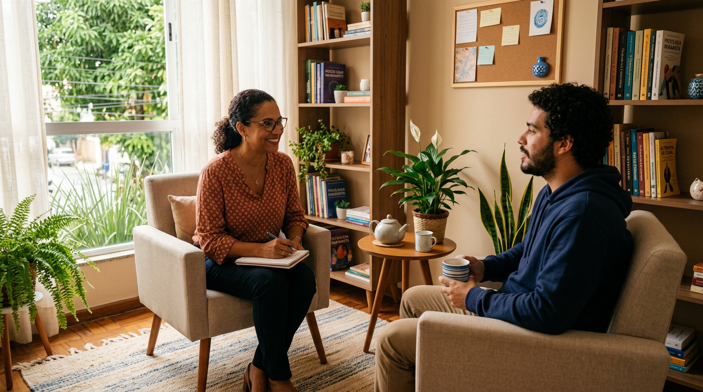 Sessão de terapia em ambiente acolhedor com psicóloga e cliente