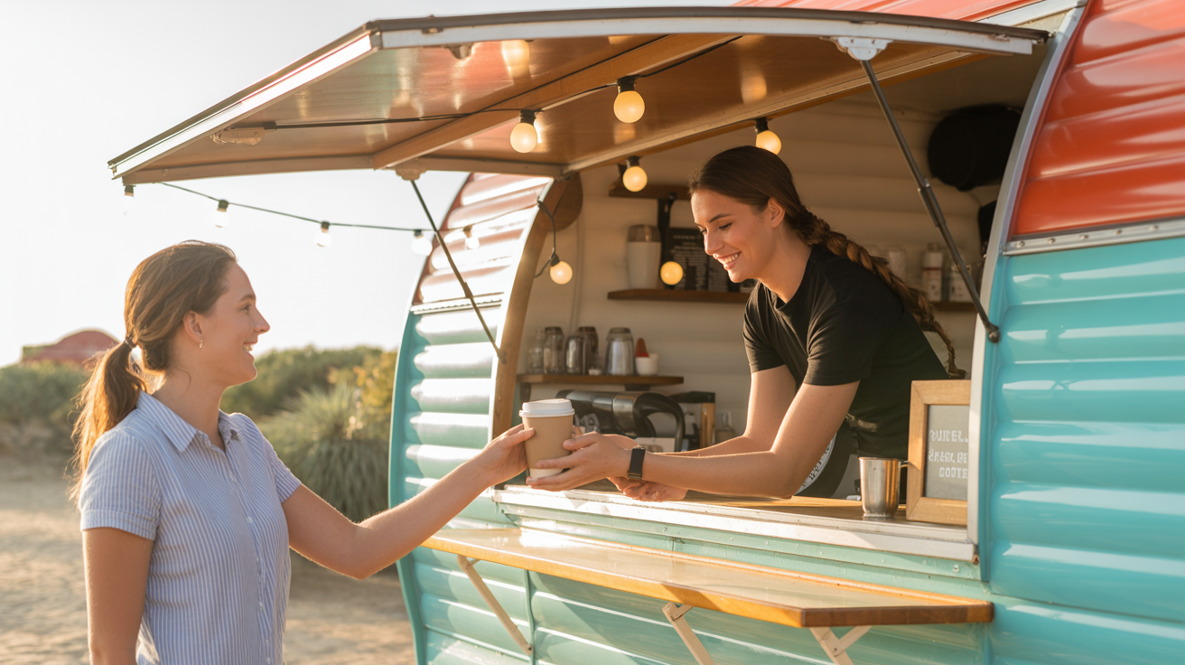 Serving customers at the coffee trailer
