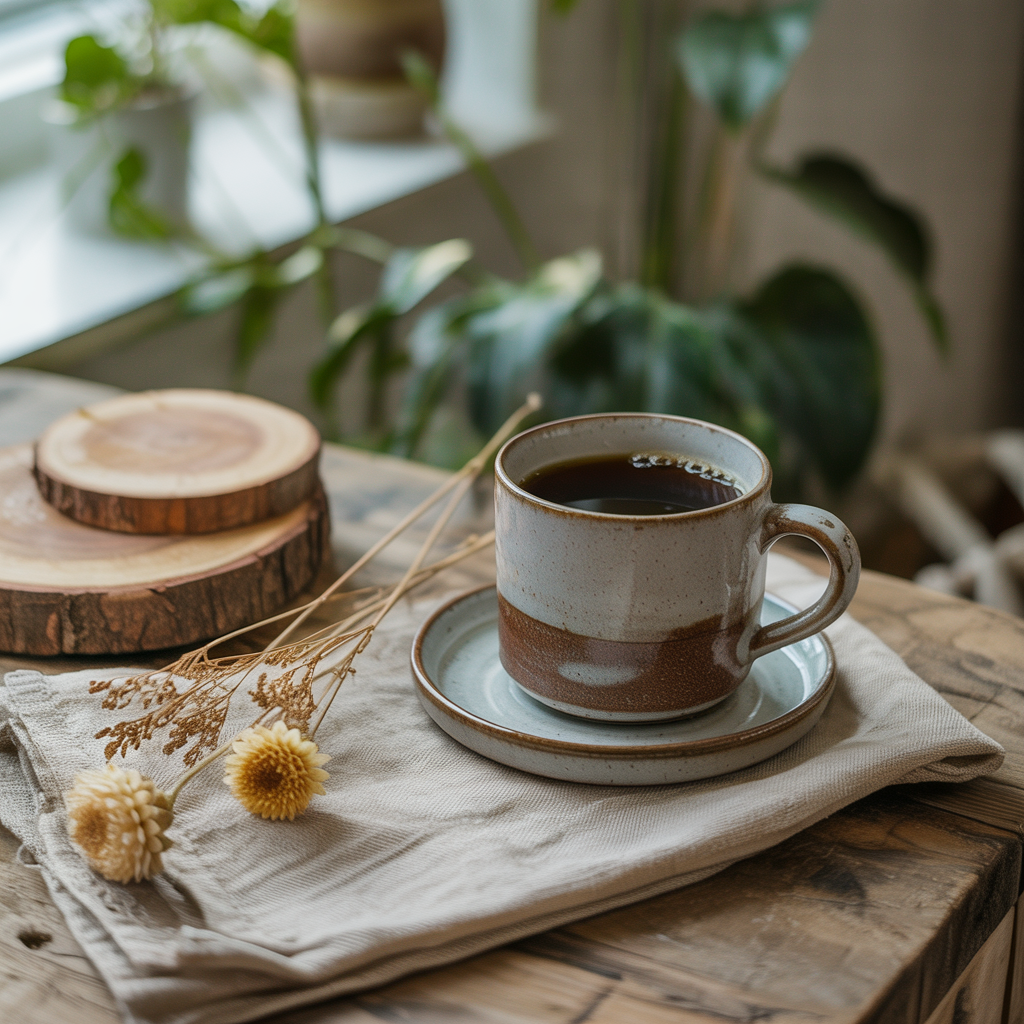 Cozy coffee setup with natural elements