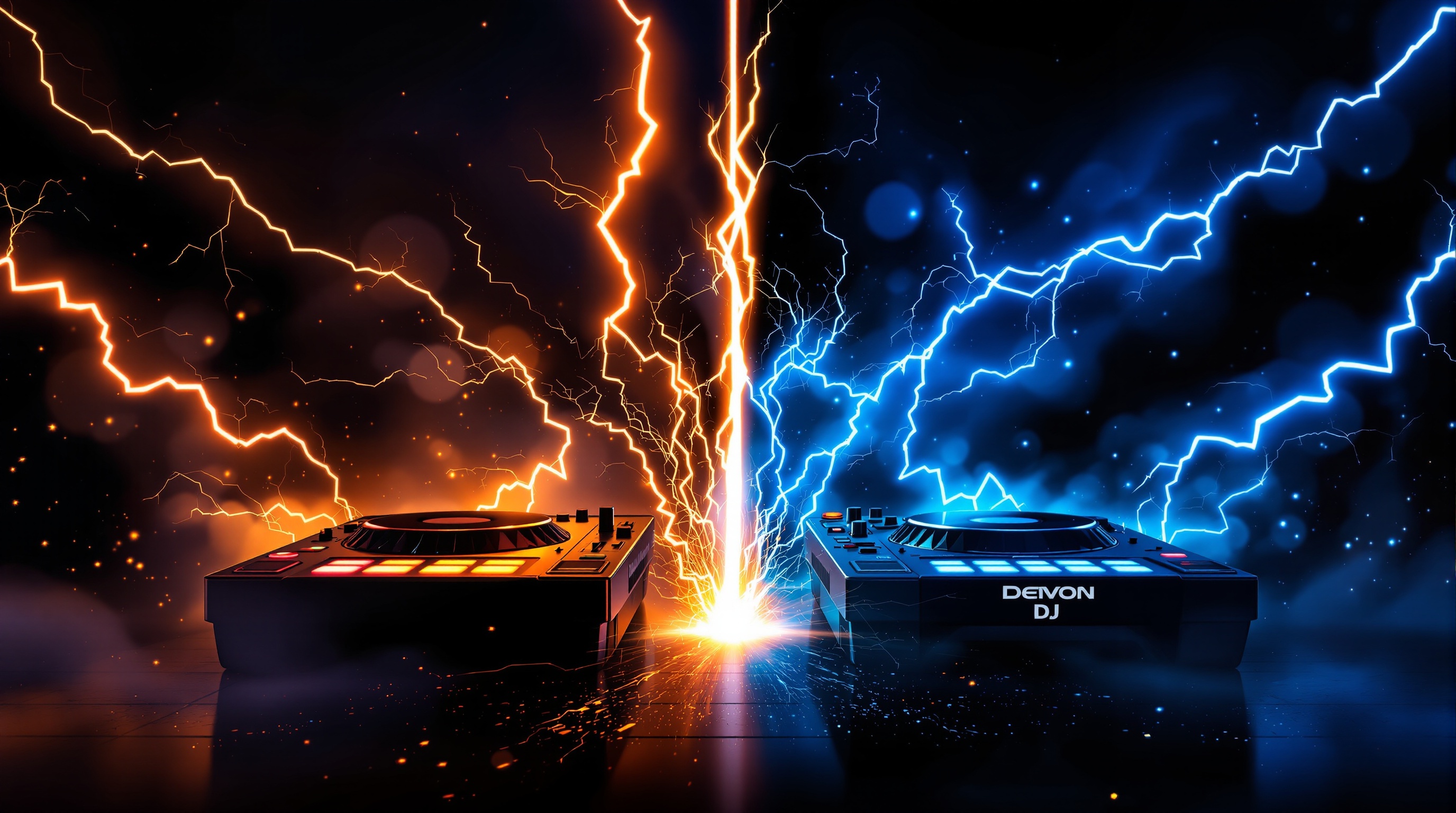 Ilustración editorial de equipos Pioneer y Denon DJ enfrentados con relámpagos y energía entre ellos