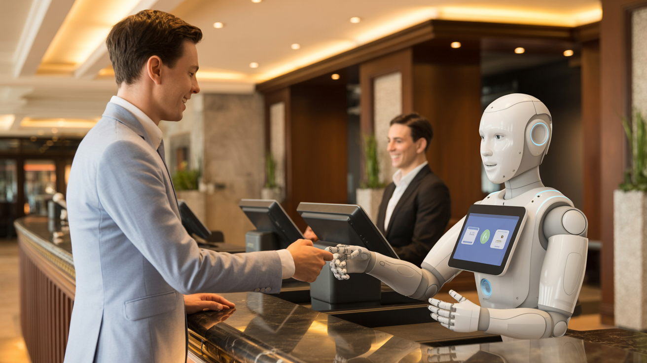 Guest checking out with reception robot