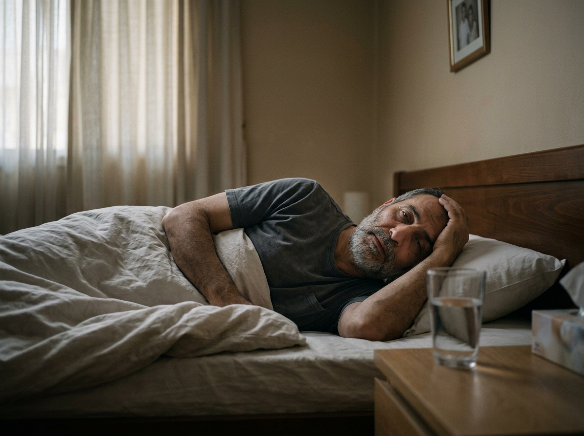 Middle Eastern male veteran in his 50s lying in bed looking ill and exhausted during an incapacitating sinus infection