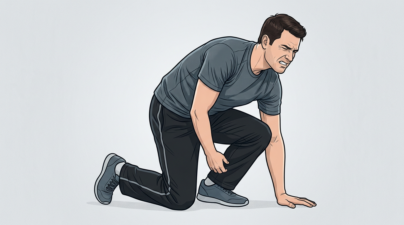 Illustration of a person attempting to kneel but unable to bend the knee enough, stuck halfway down with a pained expression