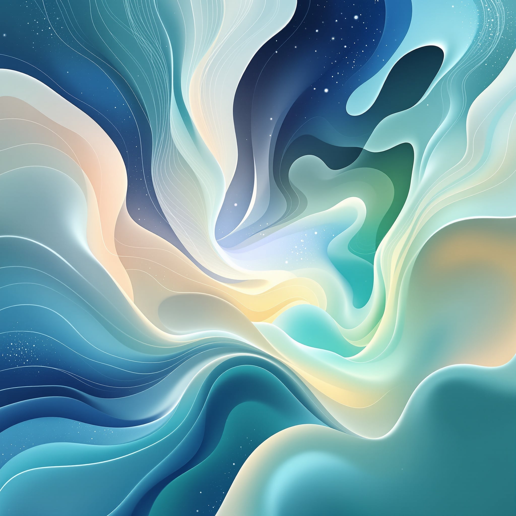 Representação abstrata de respiração com formas fluidas em tons de azul e menta