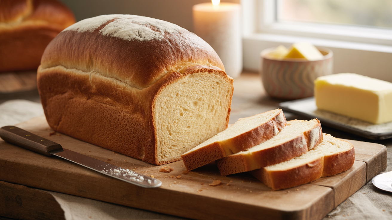 Golden-brown Pullman-style sandwich sourdough loaf on a rustic wooden cutting board with tender even crumb visible in sliced sections, butter dish nearby in soft morning light