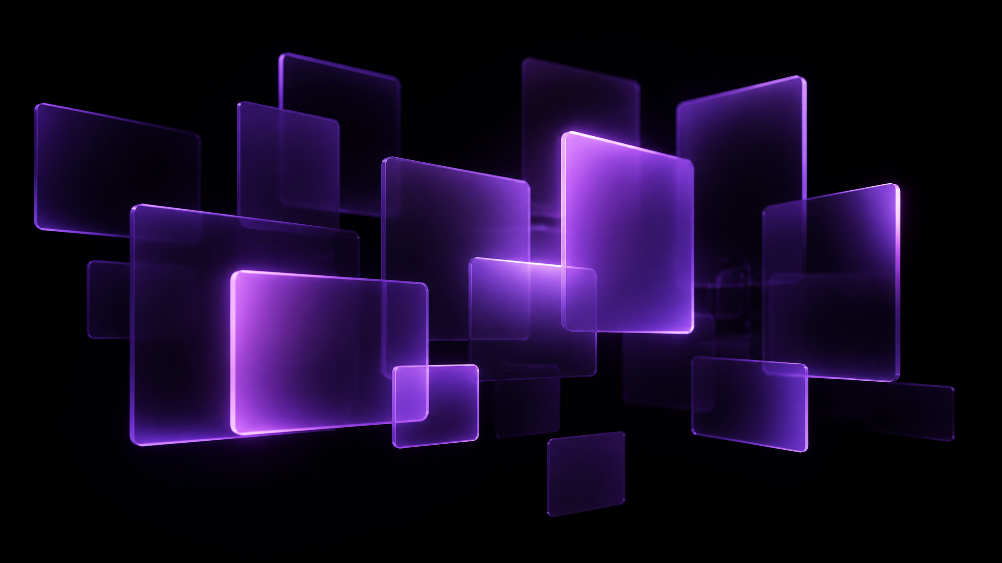 A loose cluster of frosted violet glass cards of different sizes floating in the dark, some glowing brighter than others, representing the different categories of SEO agency