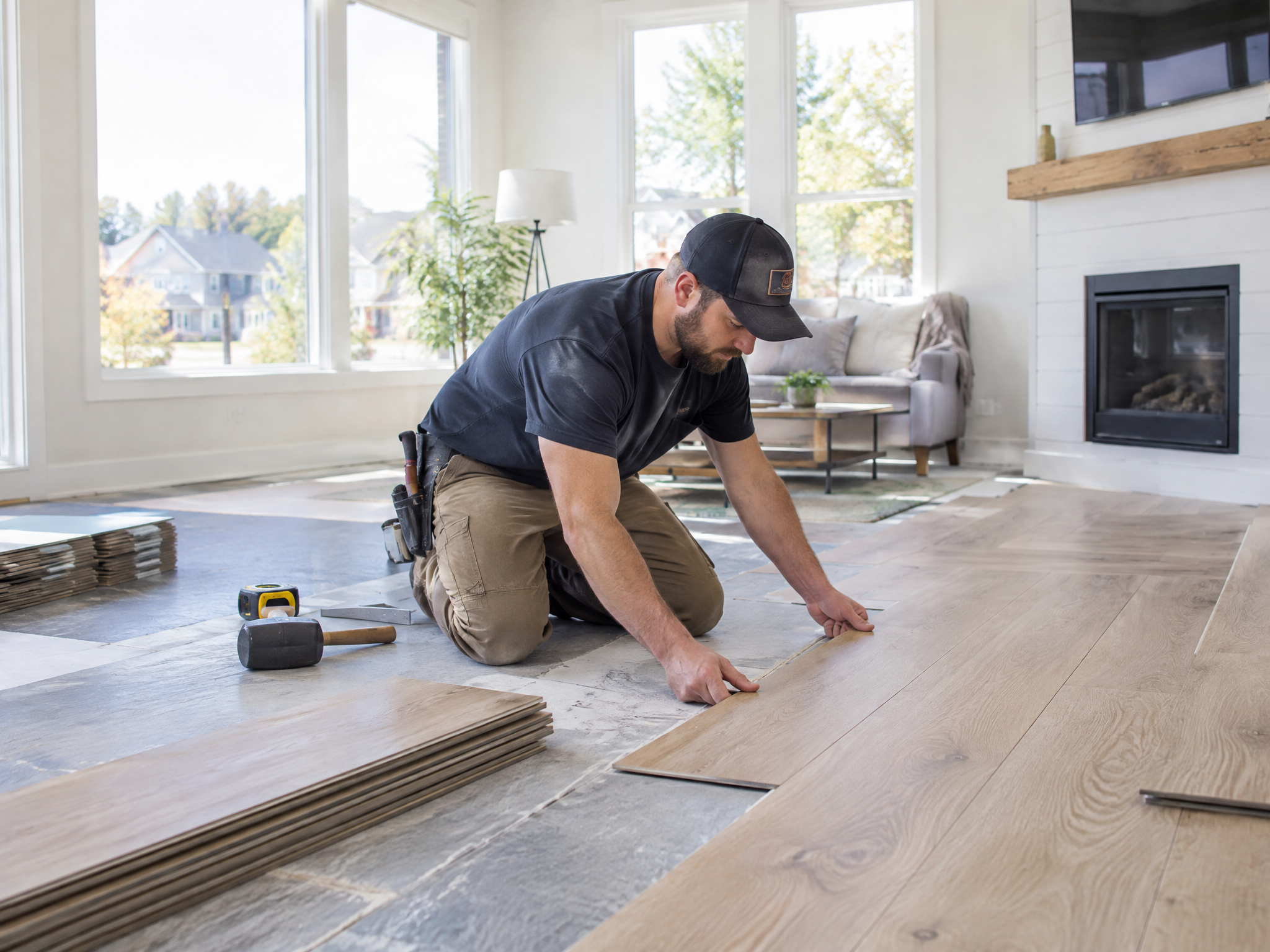 Installer laying new luxury vinyl plank flooring in a bright living room