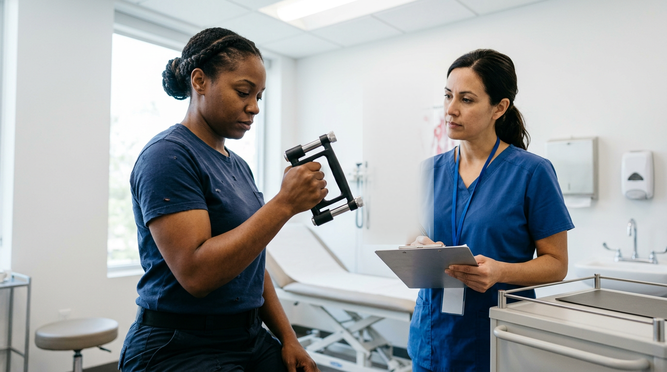 A female veteran squeezing a hand dynamometer grip-strength device while a clinician observes in a clinical exam room