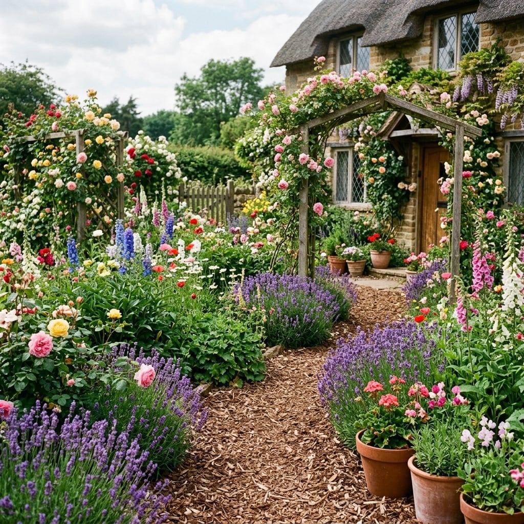 Beautiful flower garden with natural mulch