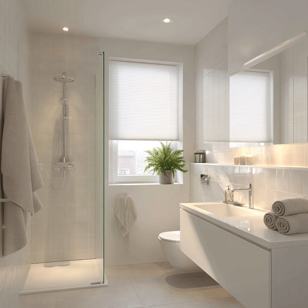 Badkamer met waterafstotende plisségordijnen voor privacy.