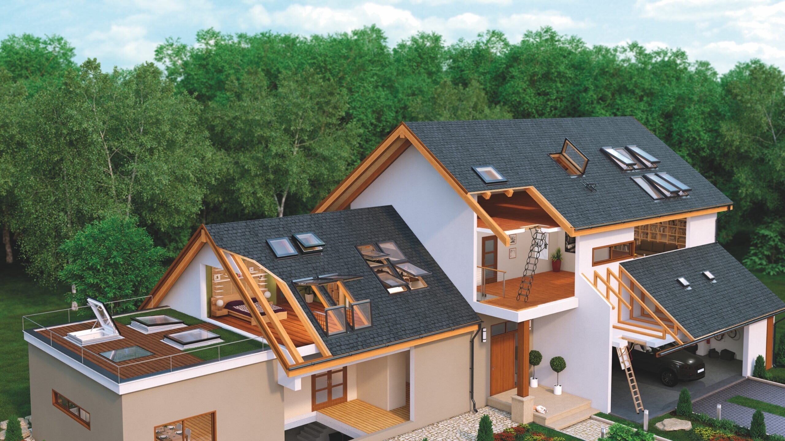 Roof with multiple skylights installed