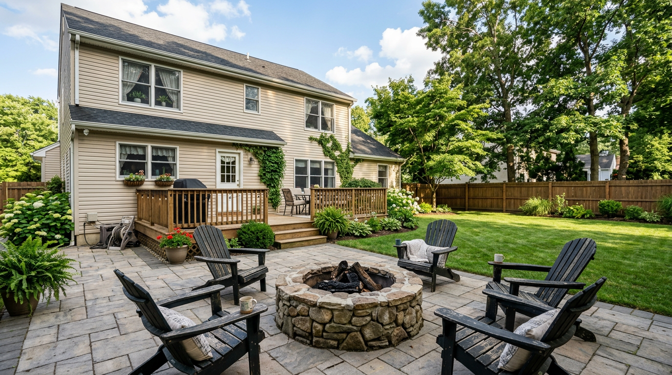 NJ backyard paver patio with stone fire pit