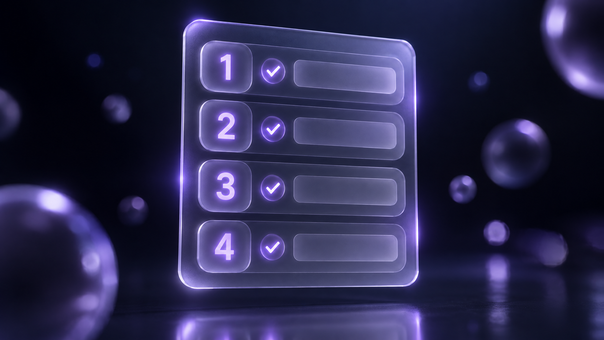 Four numbered frosted glass tiles arranged vertically in the dark, each glowing violet, representing the four steps of a GBP reinstatement process