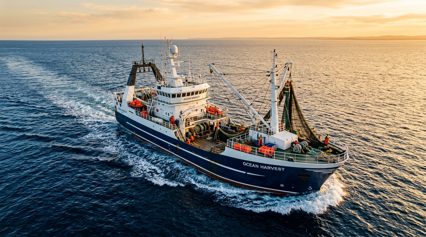 Modern commercial fishing vessel operating in sustainable ocean waters