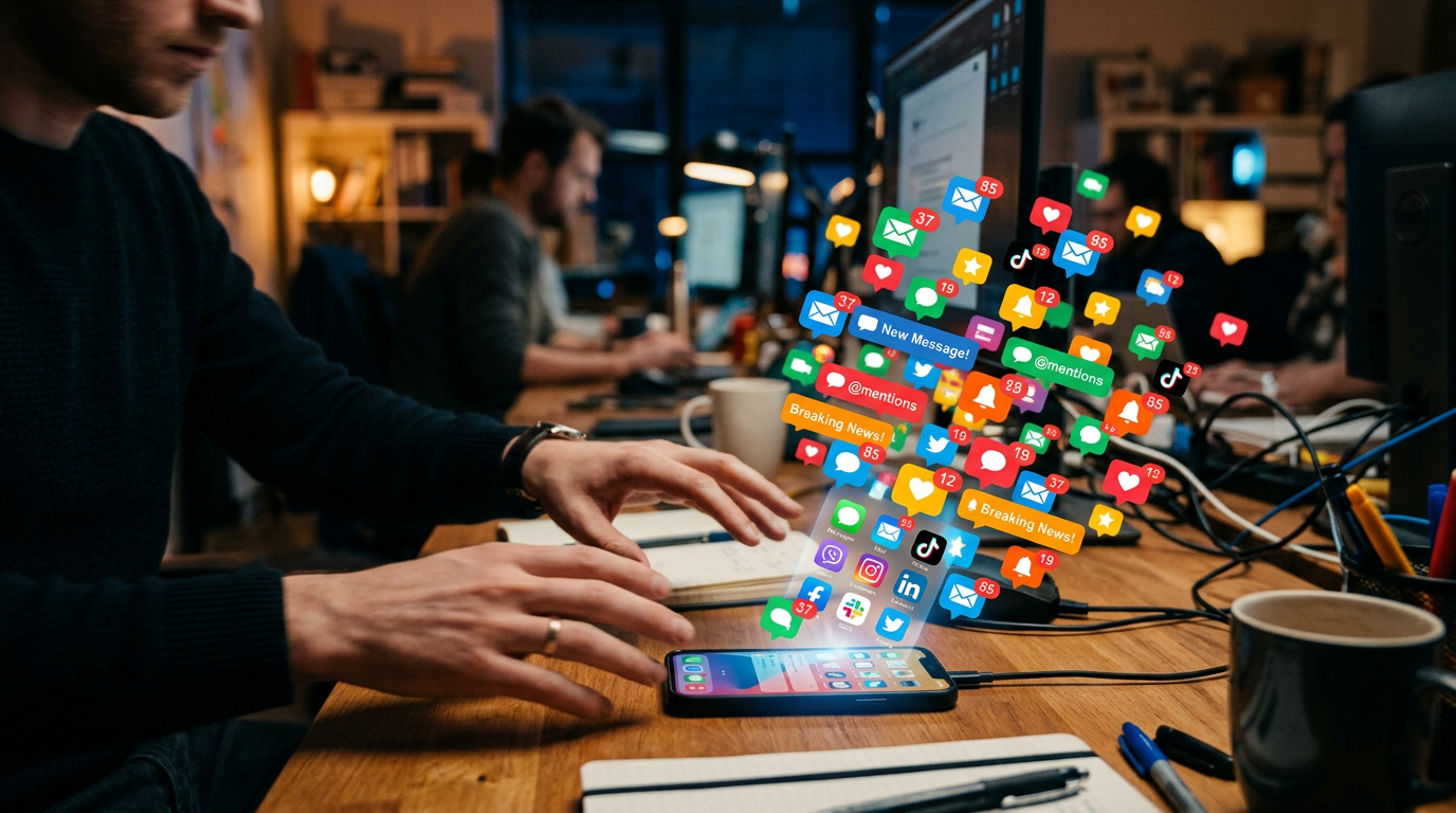 Mãos alcançando smartphone com dezenas de notificações flutuantes — representação visual das distrações digitais