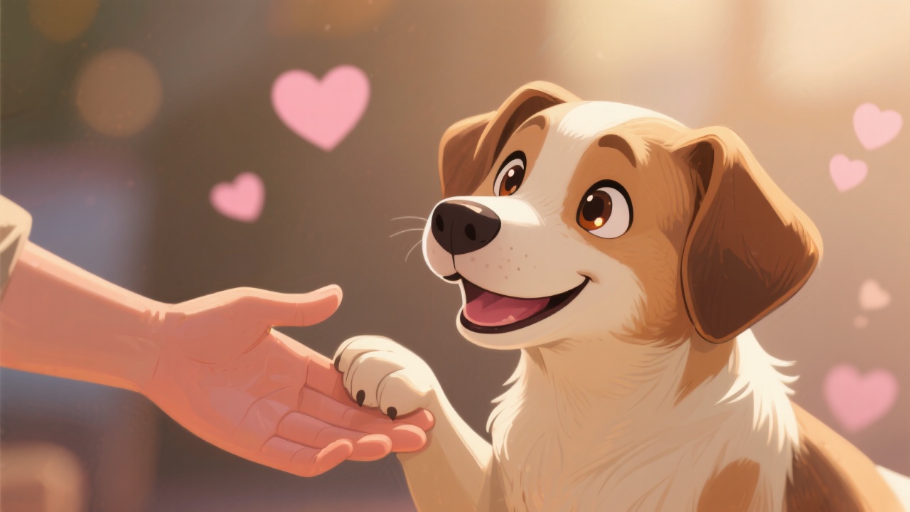 Smiling rescue dog gently touching a human’s hand, warm lighting, hearts in background, symbolizing trust and hope.