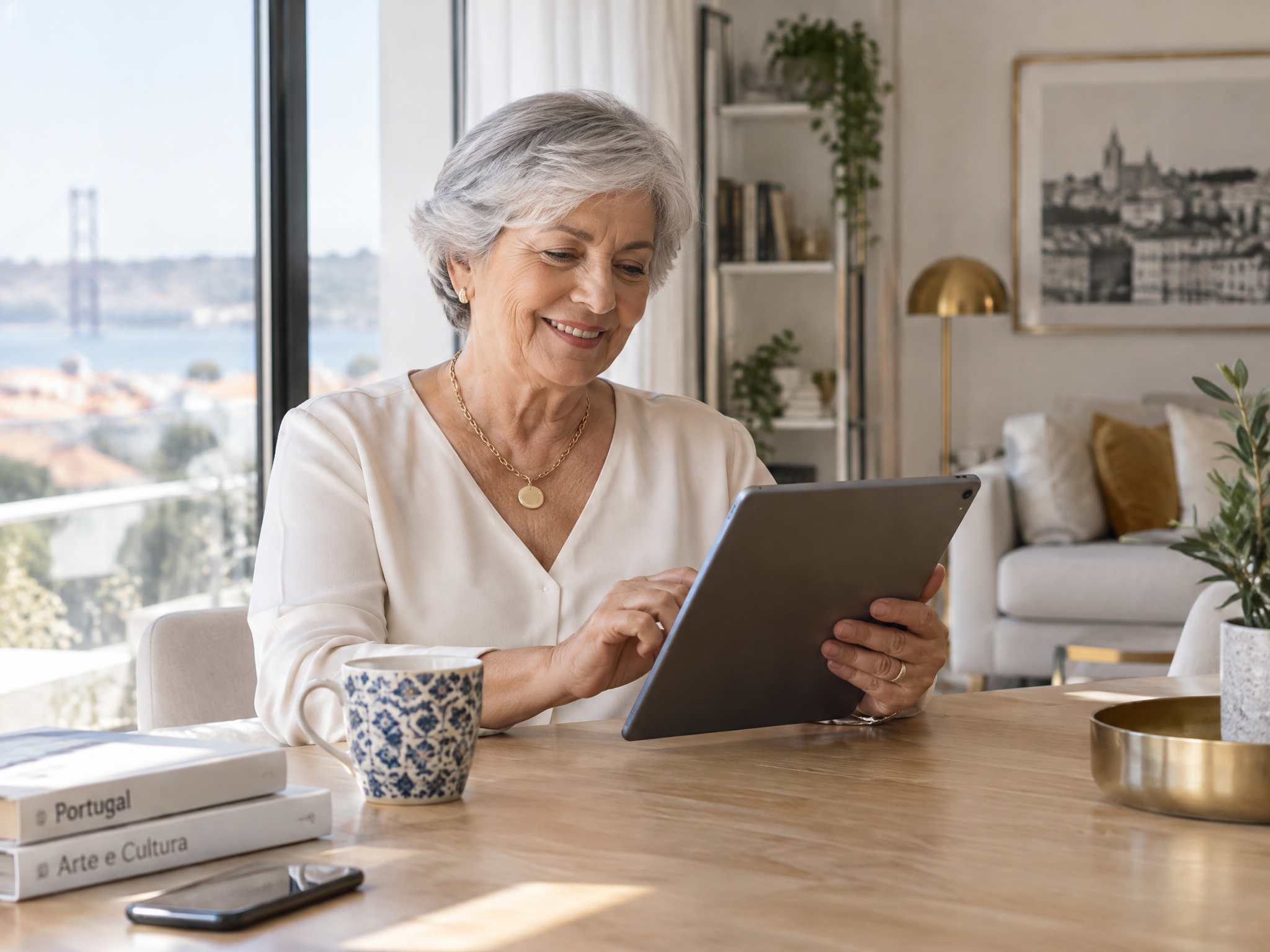 Senhora sénior a usar um tablet com confiança, representando AgeTech e literacia digital
