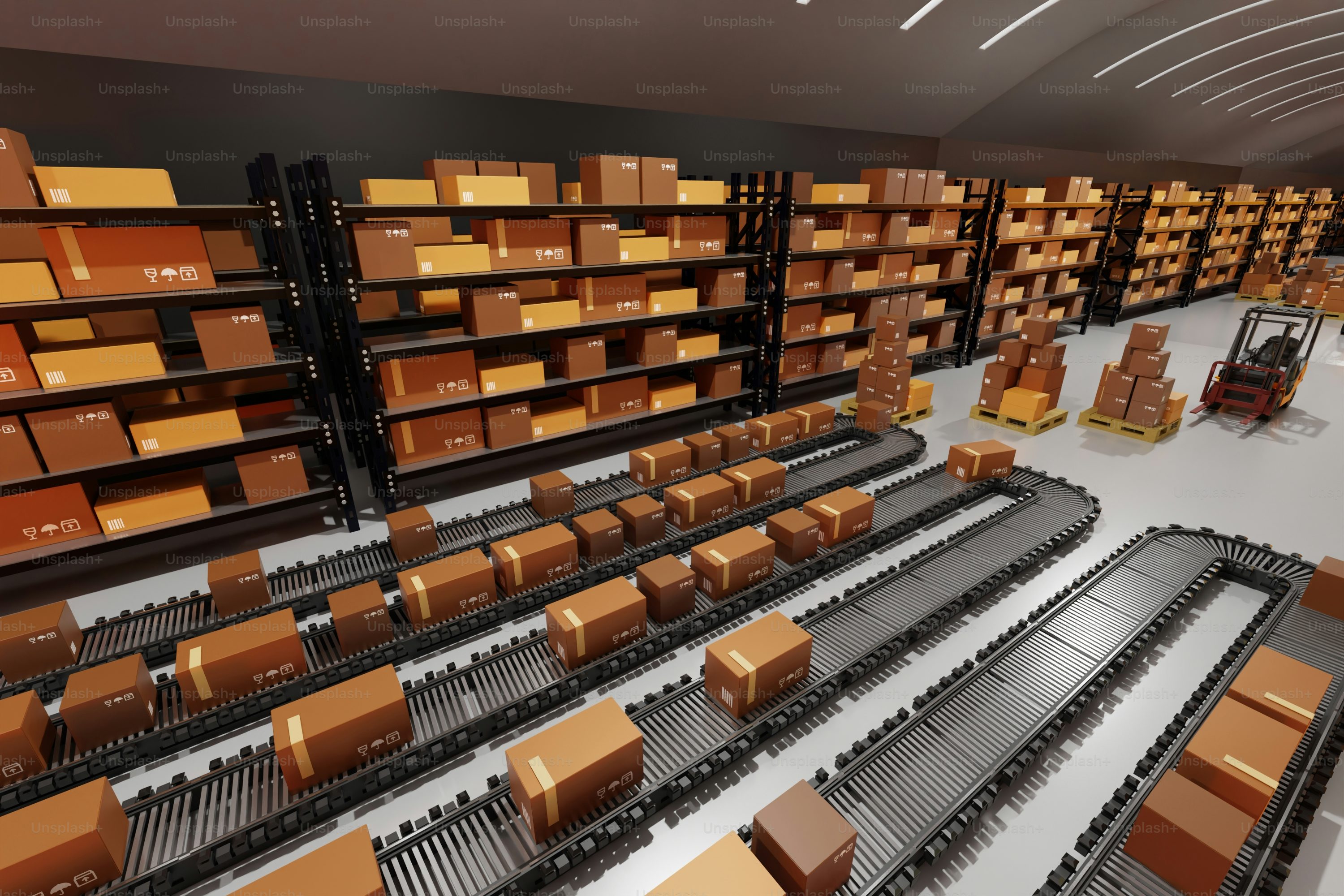 Modern fulfillment warehouse with packages and delivery operations