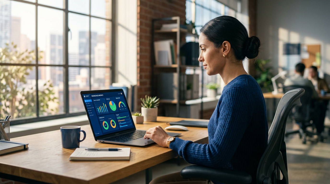 Pessoa analisando dashboard de produtividade com gráficos e métricas no laptop