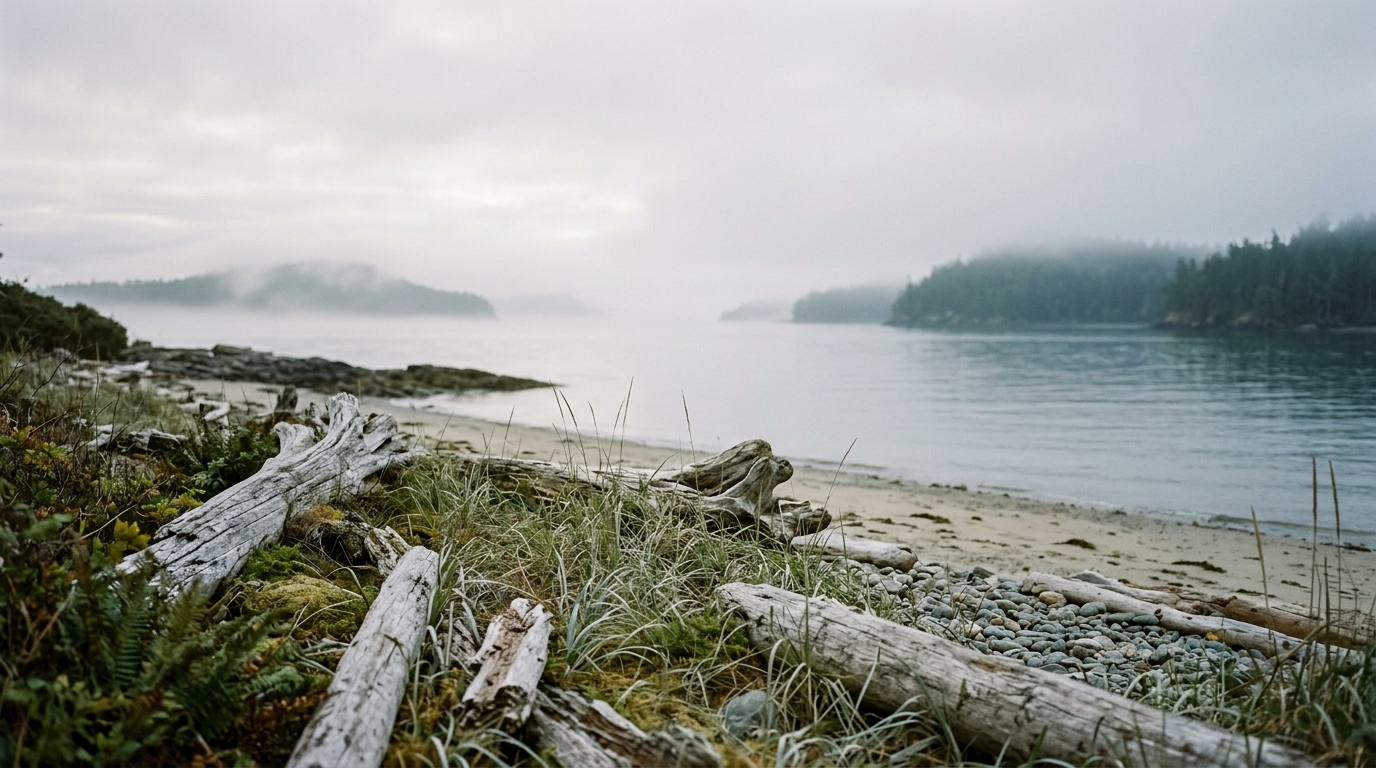 Misty Pacific Northwest coastal island landscape at dawn