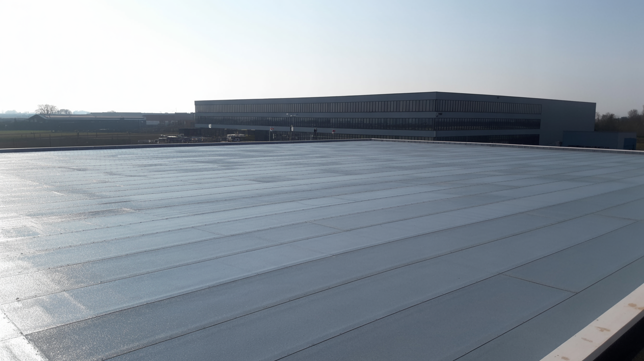 Commercial flat roofing installation on a large building