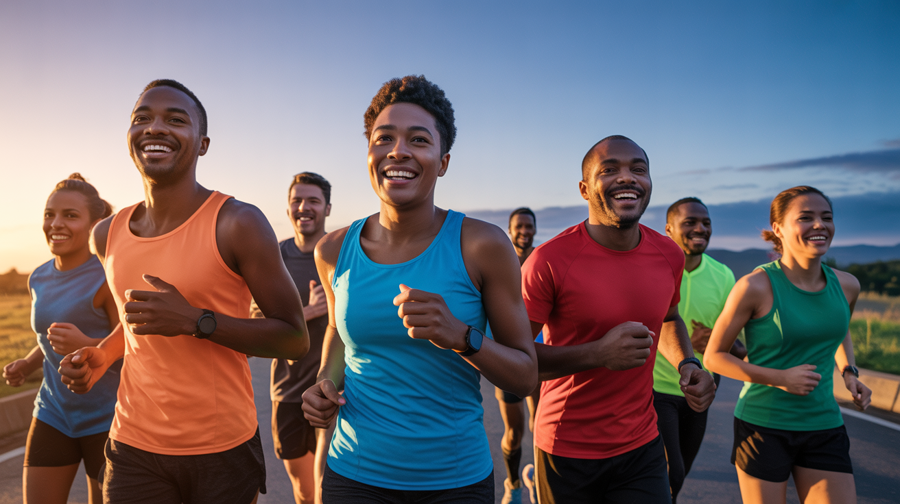 Community runners jogging together at dawn in colorful gear