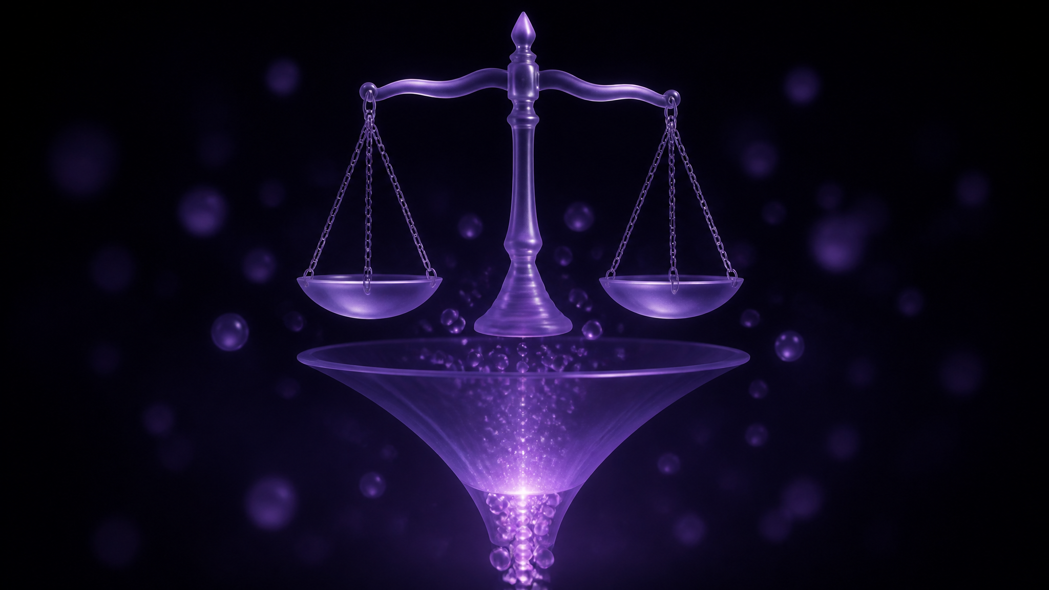 A translucent violet frosted-glass balance scale above a glowing funnel drawing small spheres downward