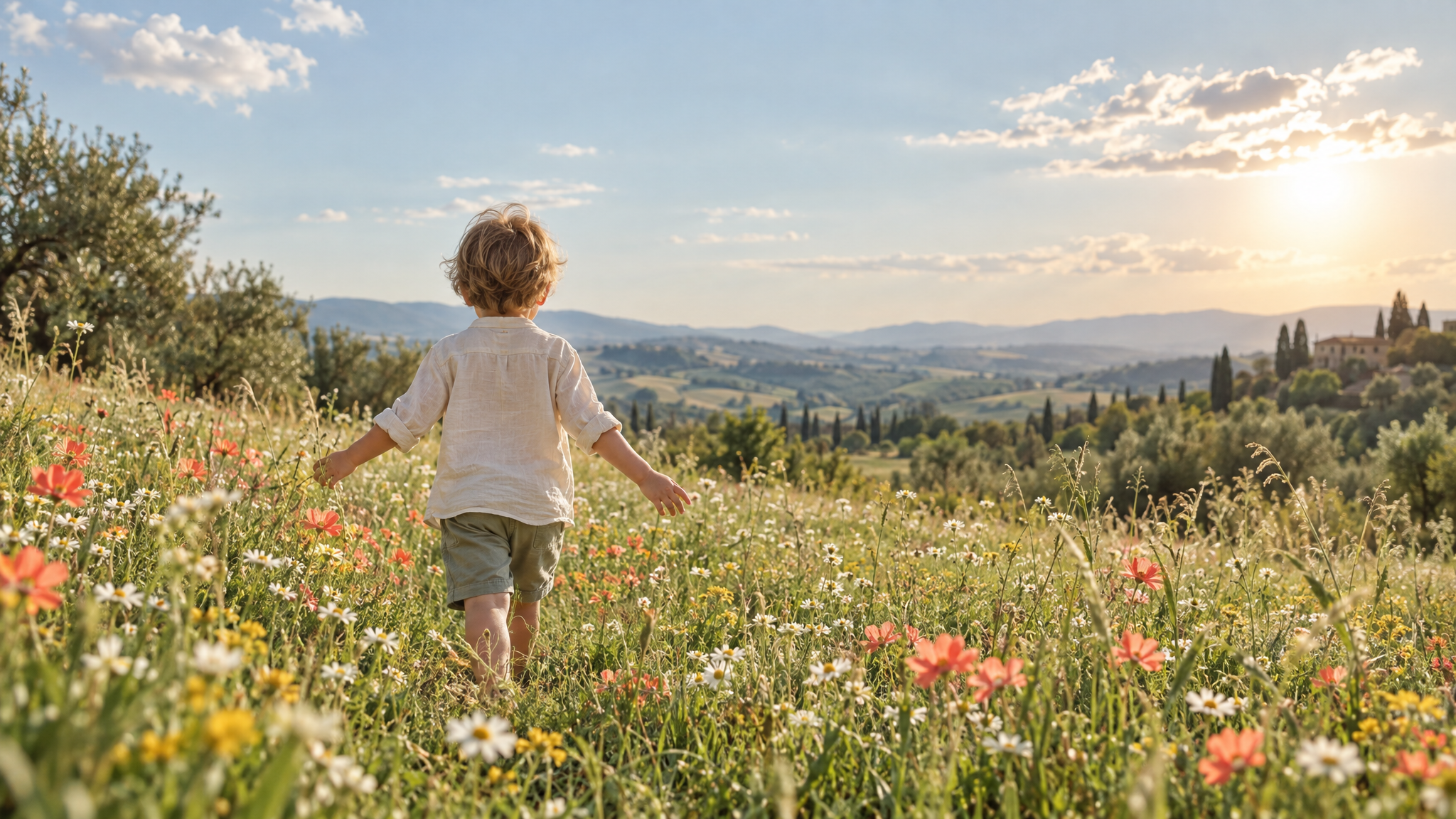 A young child exploring a sunny wildflower meadow