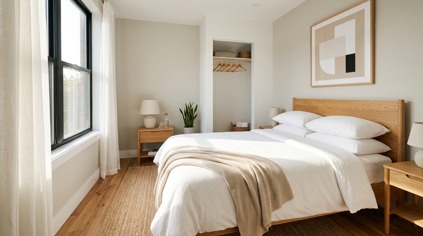 Quarto de alojamento local com cama arrumada e lençóis brancos frescos