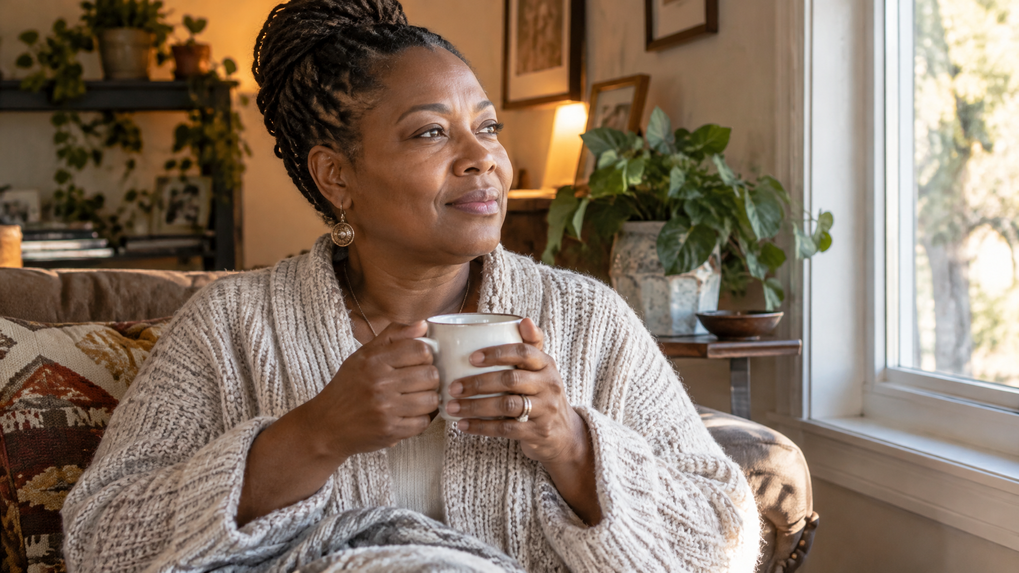 A woman veteran sitting by a sunny window with a mug of tea, calm and reflective