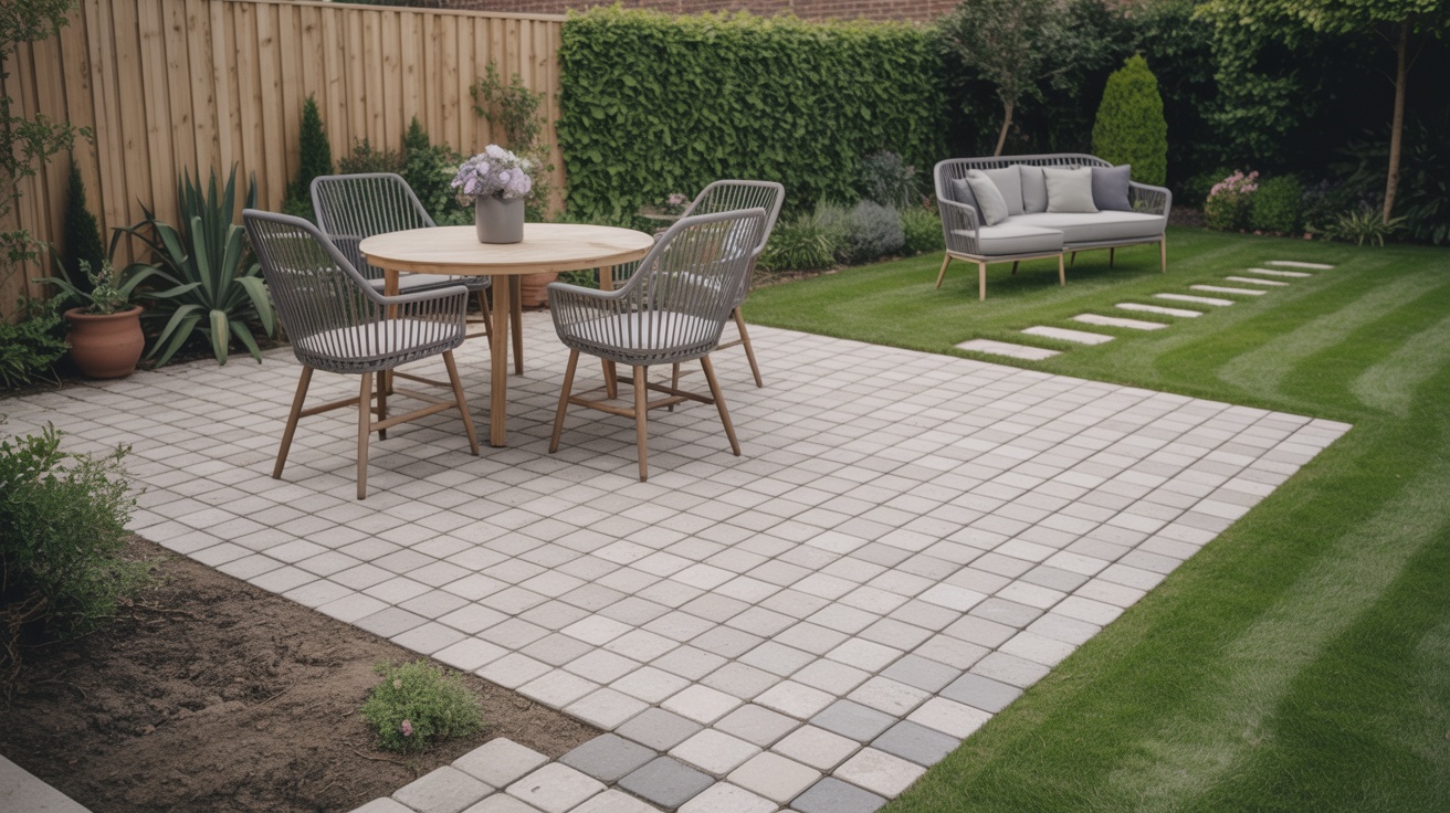 Completed block paved patio area with garden furniture