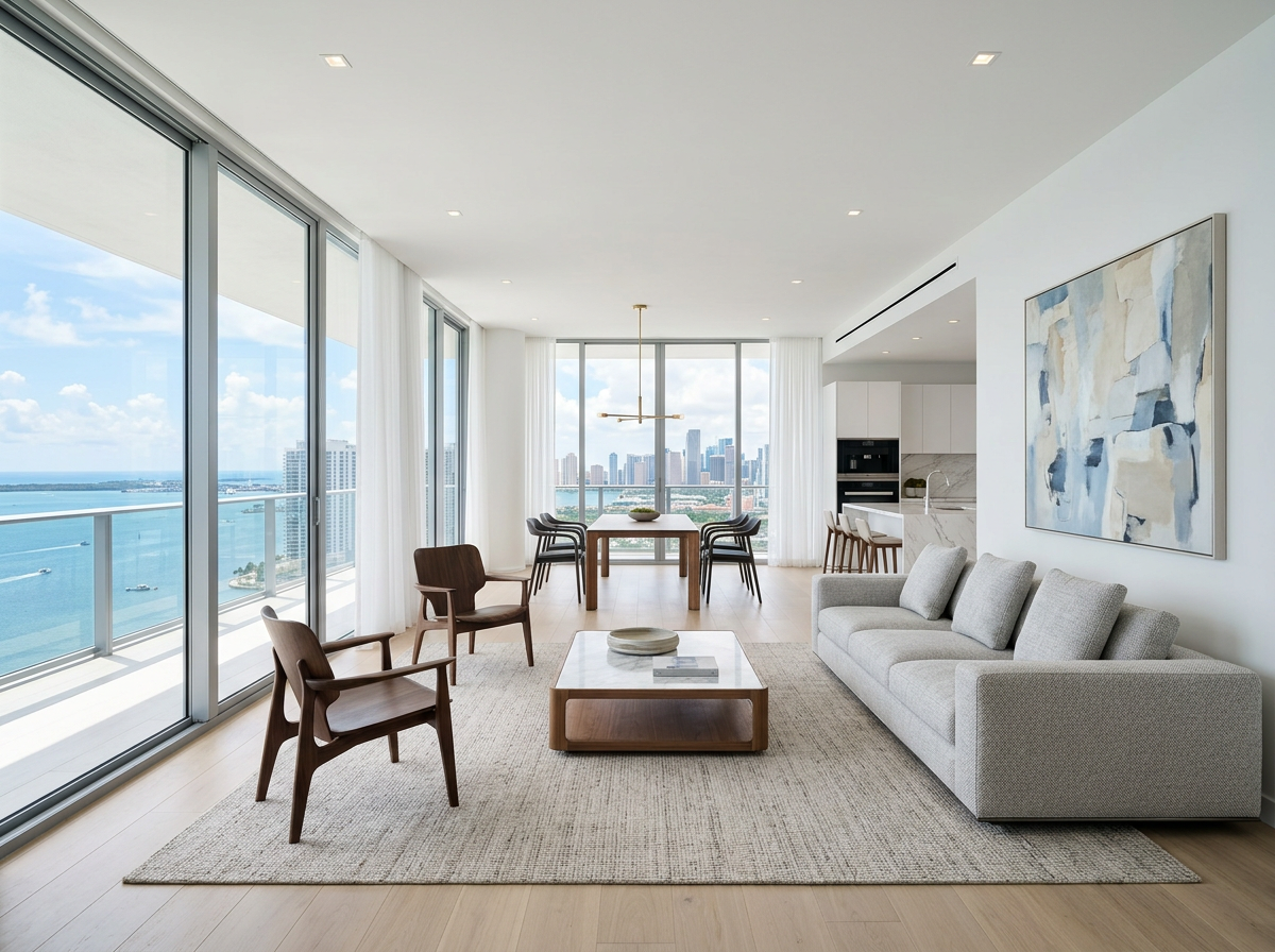 Modern renovated high-rise condo interior with new flooring and finishes in Miami