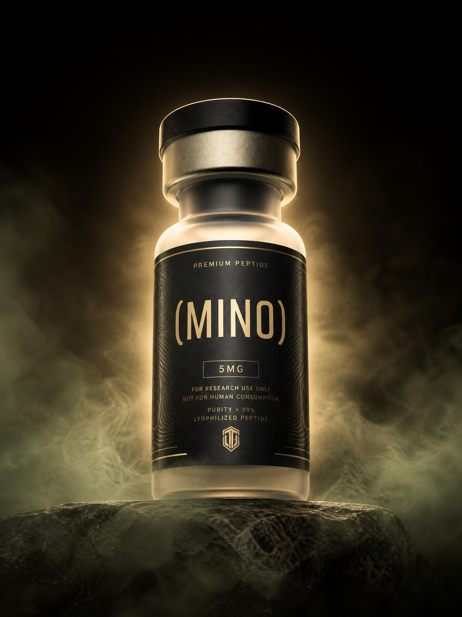 (MINO) branded peptide vial with warm gold glow