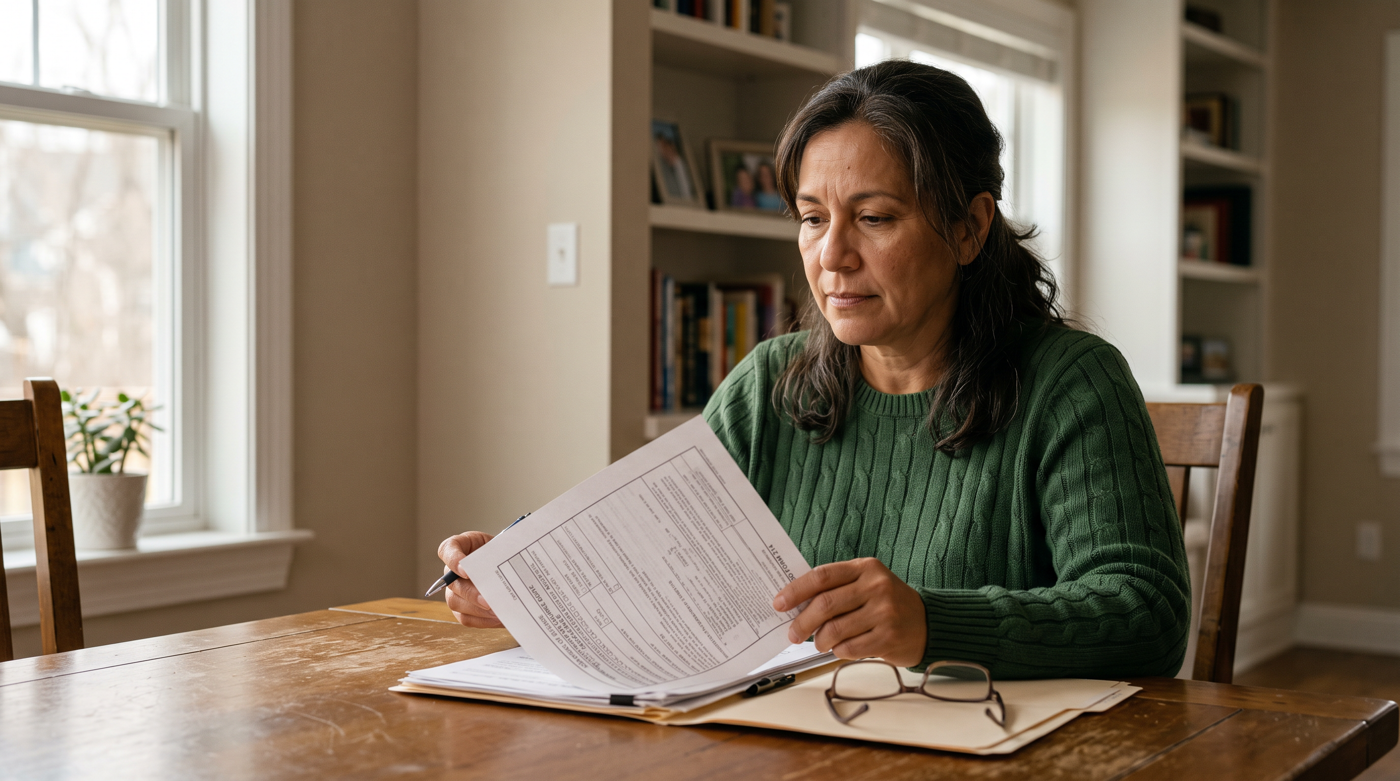 A woman veteran thoughtfully reviewing her military discharge paperwork, composed and resolute