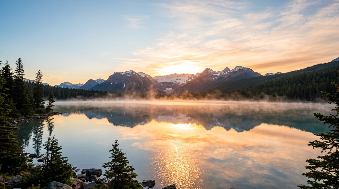 Beautiful golden sunrise over calm lake with morning mist, representing hope and new beginnings
