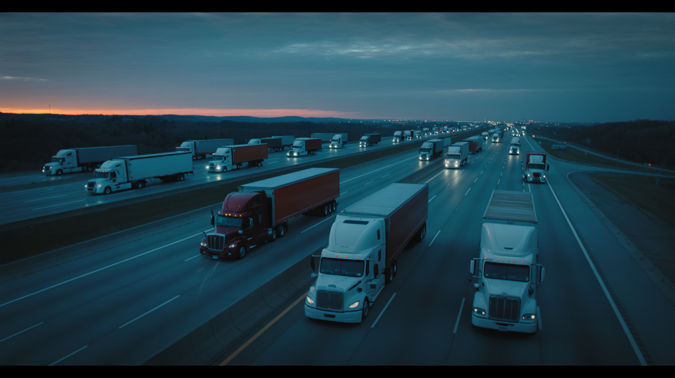 Highway fleet of semi-trucks at night - AK Trucking nationwide coverage