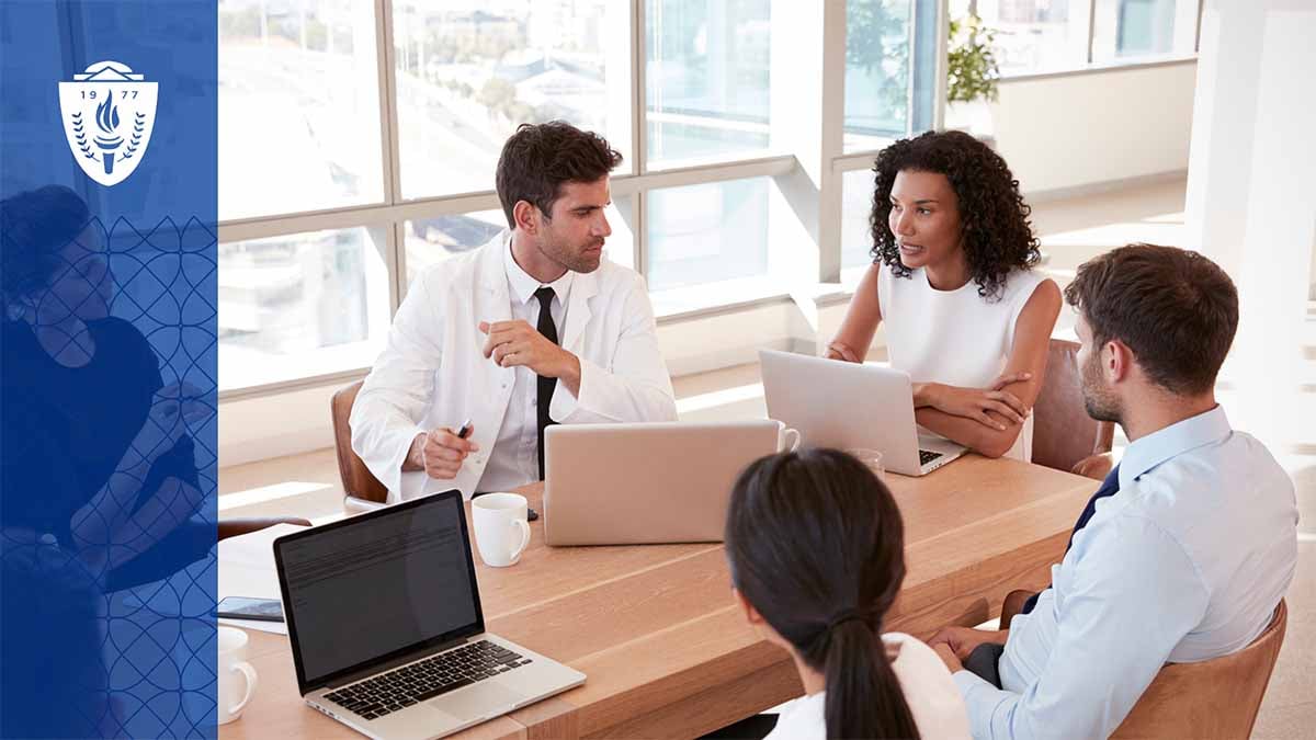 Healthcare administration meeting discussing health policy and strategy