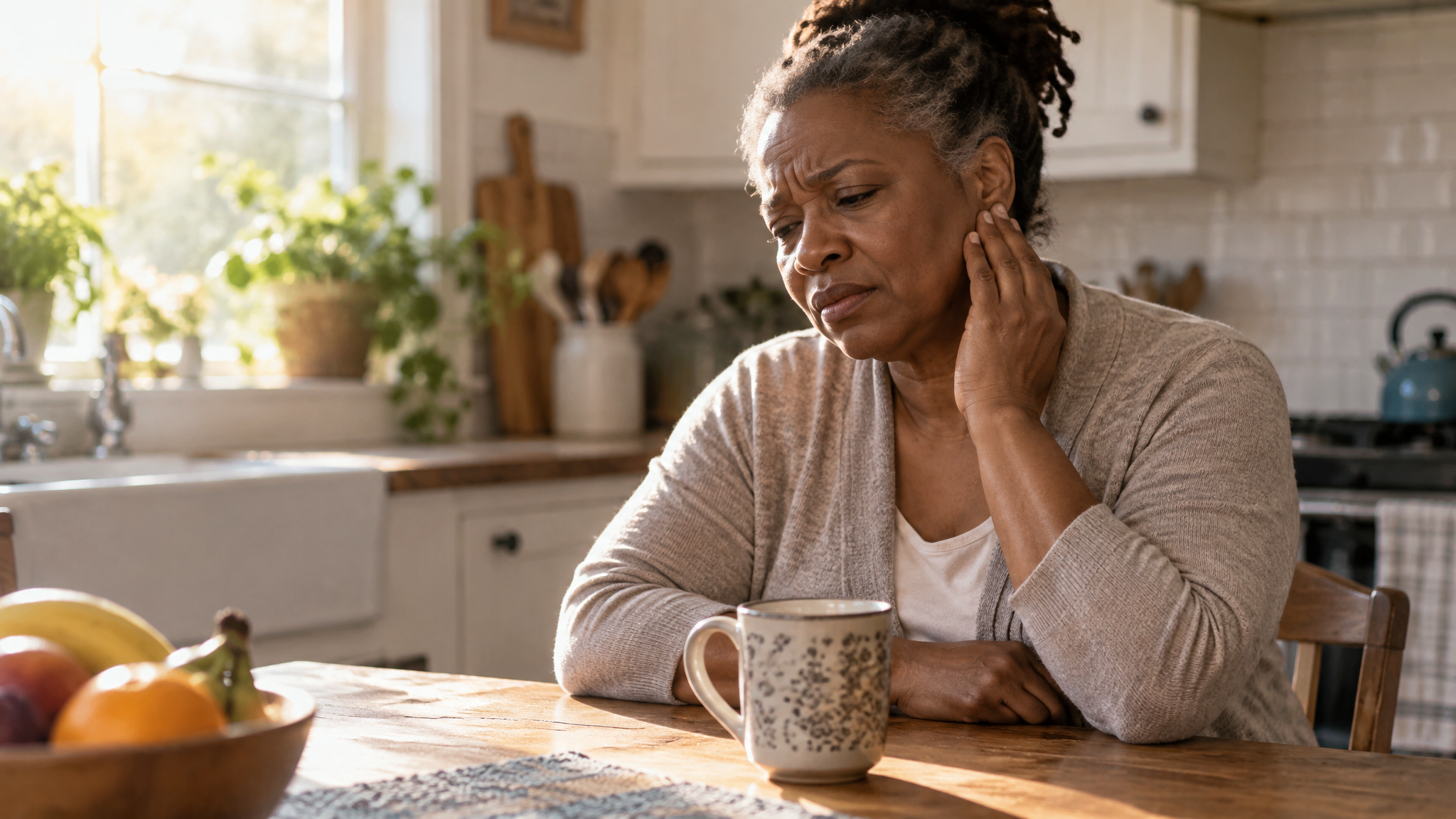 A woman veteran at her kitchen table in the morning pressing her fingertips to her jaw near her ear
