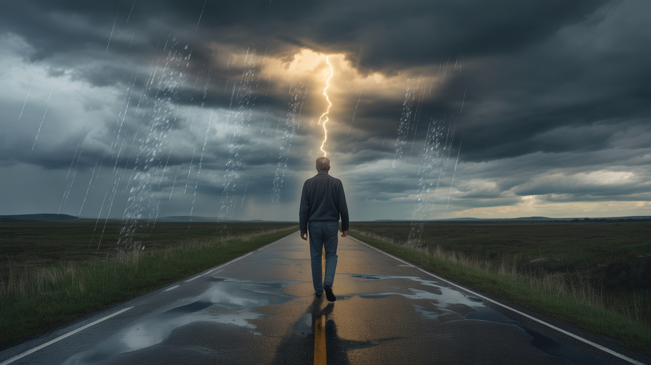 Čovek hoda dugim putem kroz životne oluje — iznad oblaka uvek vidljiva bleda zlatna svetlost Plerome