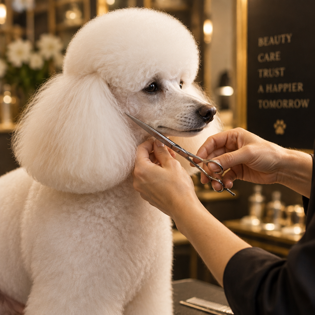 Professional groomer trimming poodle fur with precision scissors