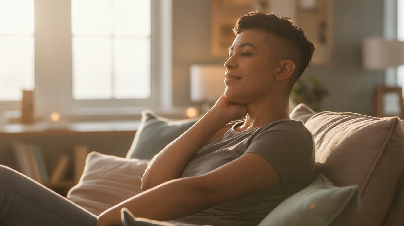 LGBTQI+ person experiencing relief and support in affirming therapy setting