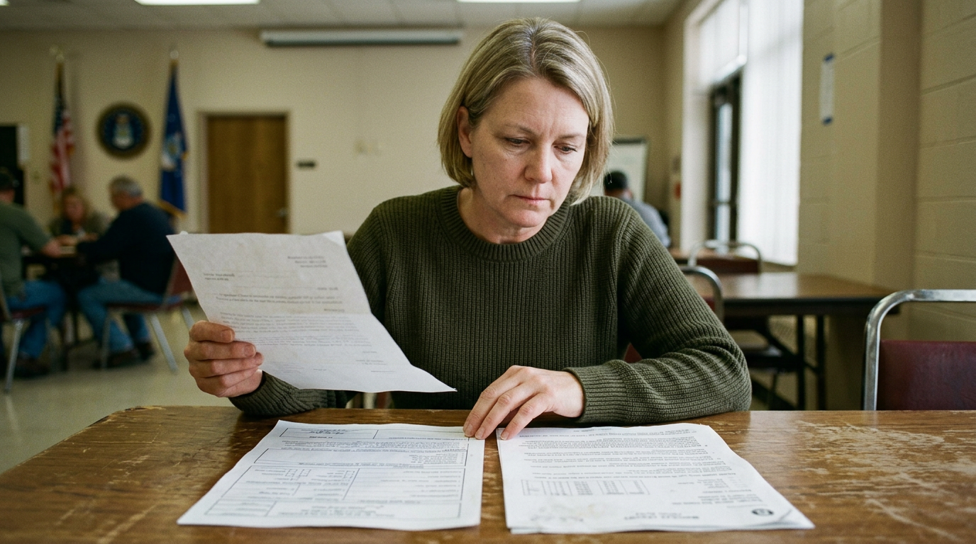 A woman veteran holding a denial letter beside her discharge papers and a diagnosis report