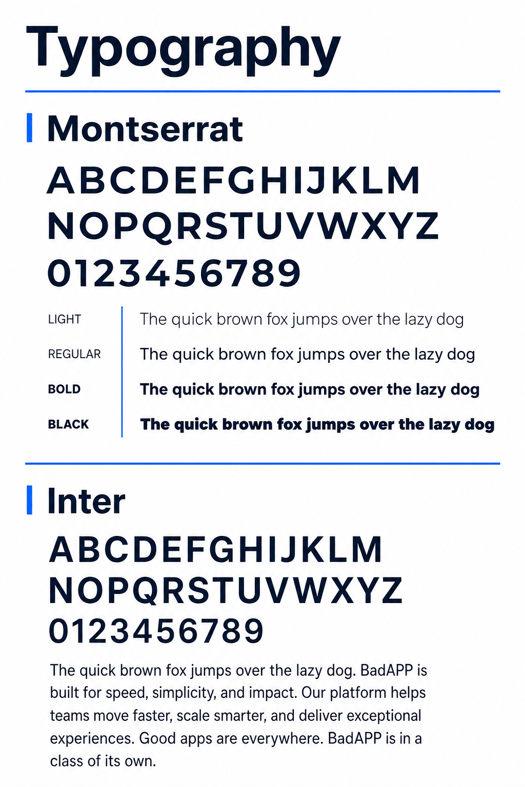badAPP typography specimen showing Montserrat and Inter typeface hierarchy