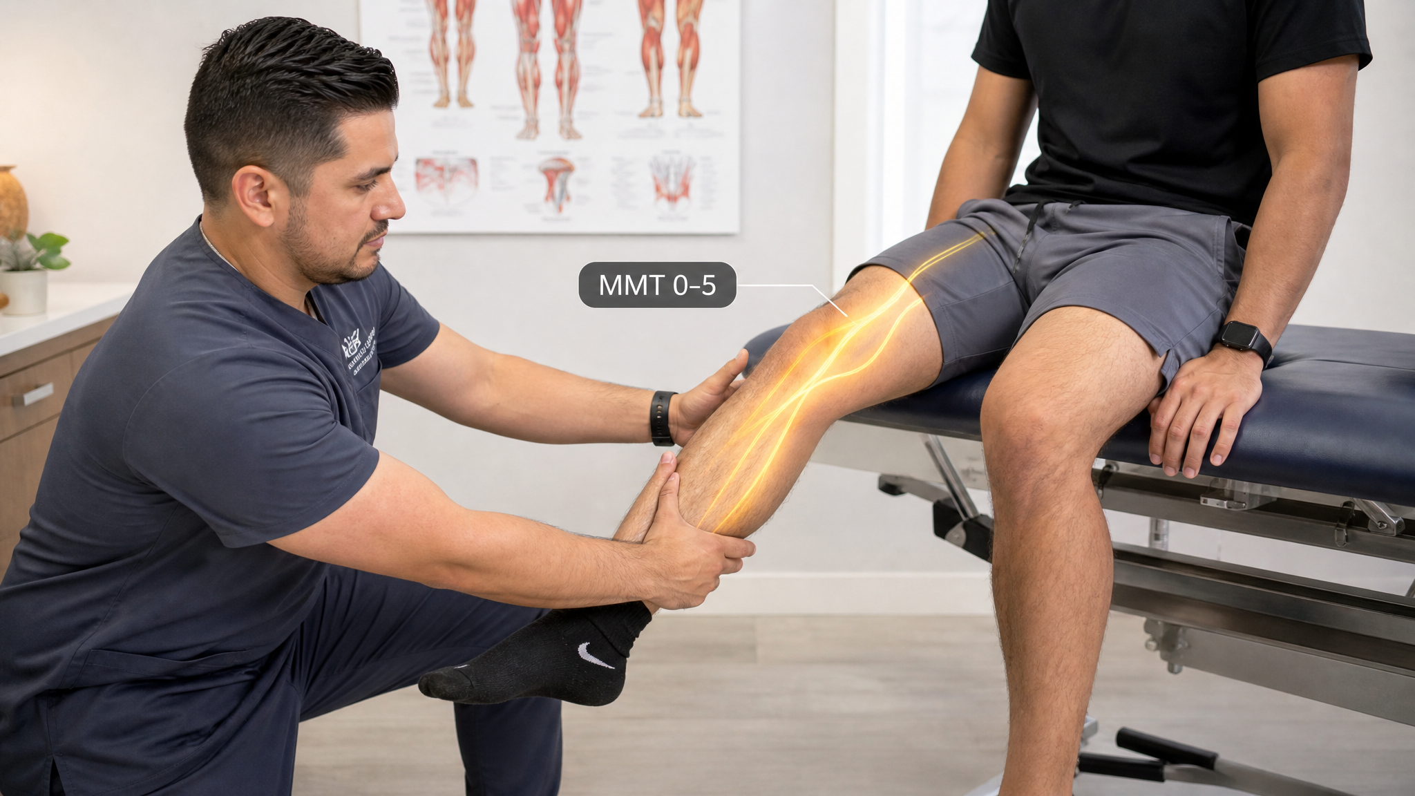 Hispanic man clinician in his 30s performing manual muscle testing of knee extension and hip flexion against resistance, warm amber femoral-nerve glow with an MMT 0 to 5 label