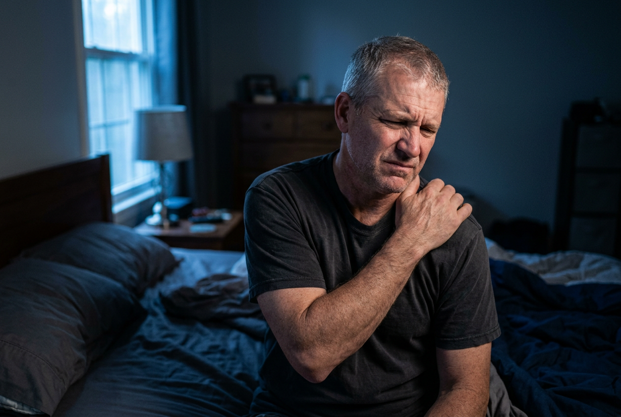 A male veteran lying in bed at night clutching his shoulder in pain, clearly unable to sleep