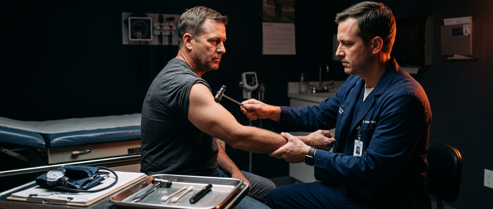 A C&P medical examiner testing a seated male veteran’s biceps reflex with a reflex hammer during an upper-extremity neurological examination in a dimly lit exam room
