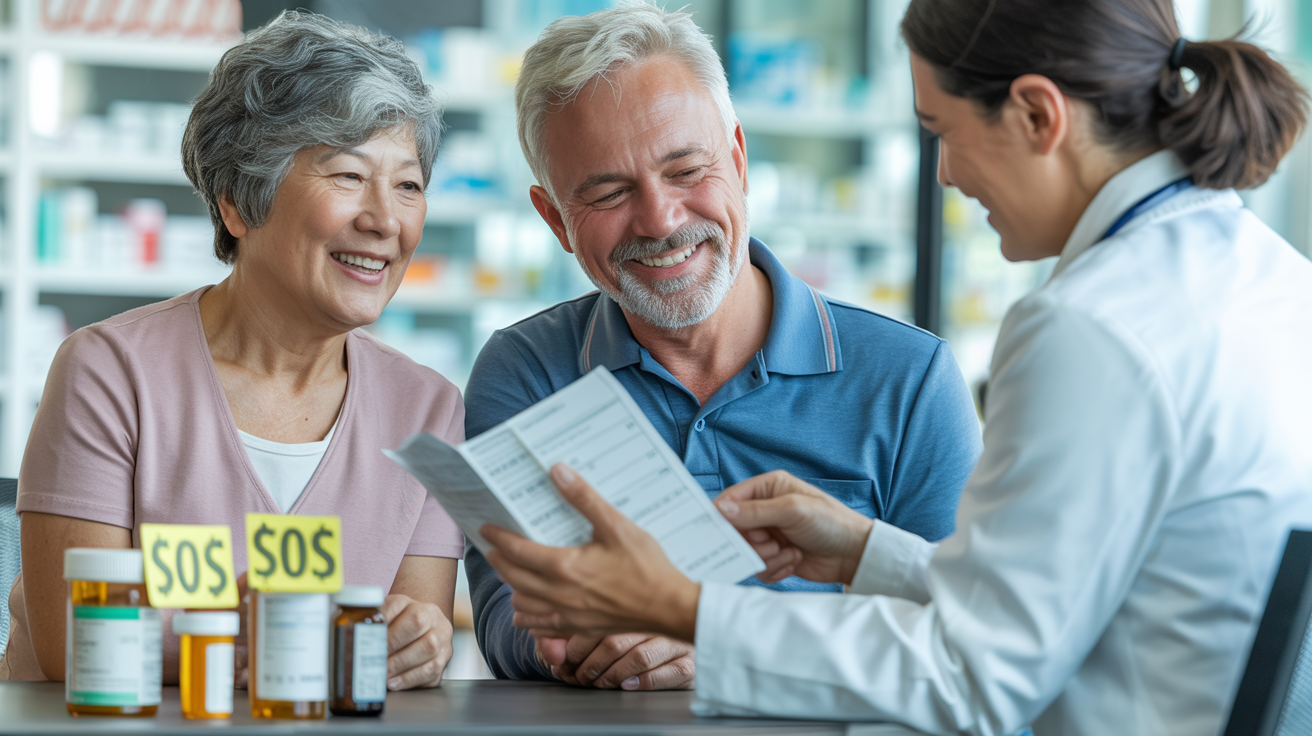 Senior couple reviewing Medicare prescription drug cost savings with healthcare professional