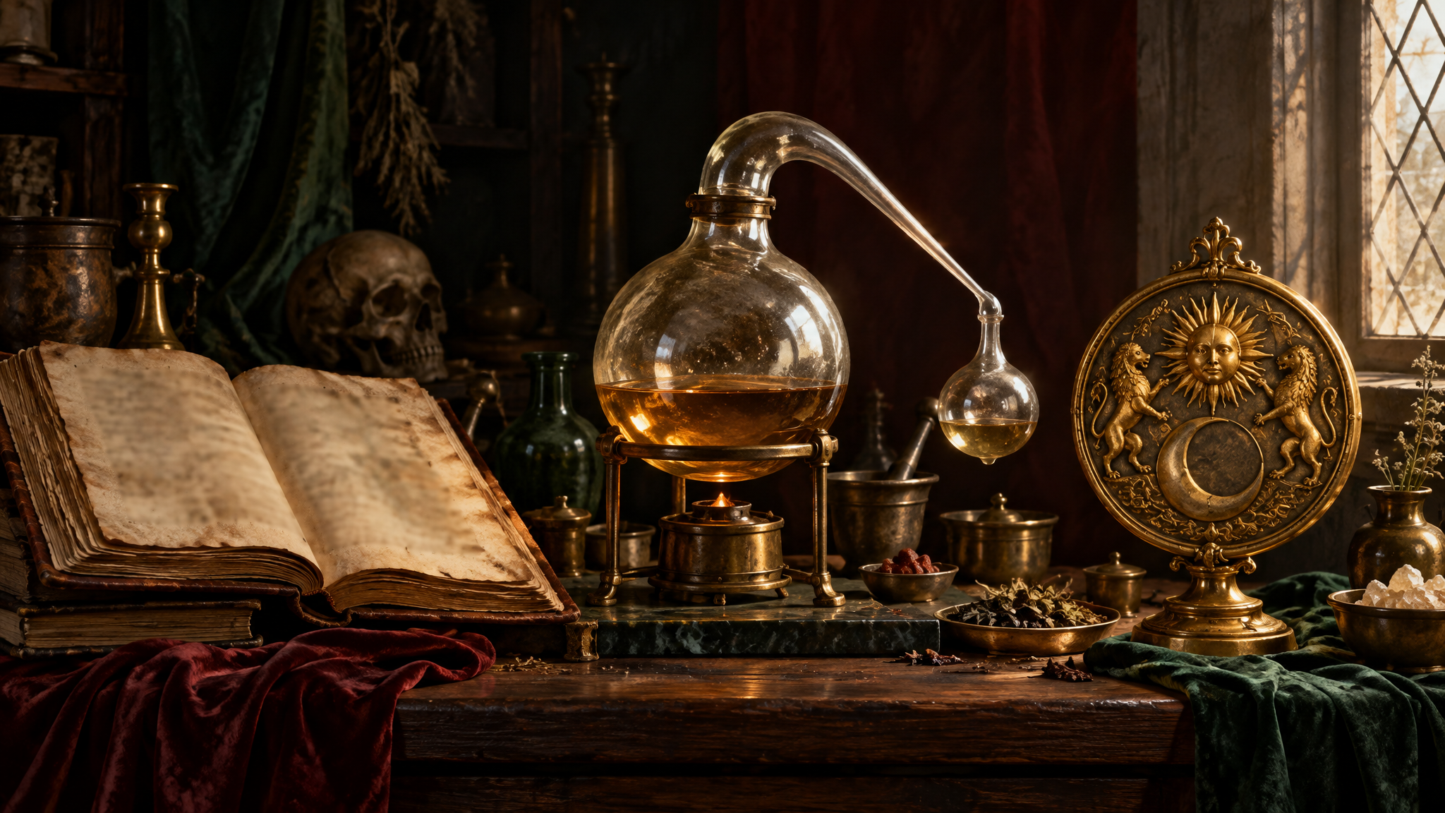 An alchemist’s bench arranged in sequence: an open manuscript, a glass alembic, and a gilded medallion