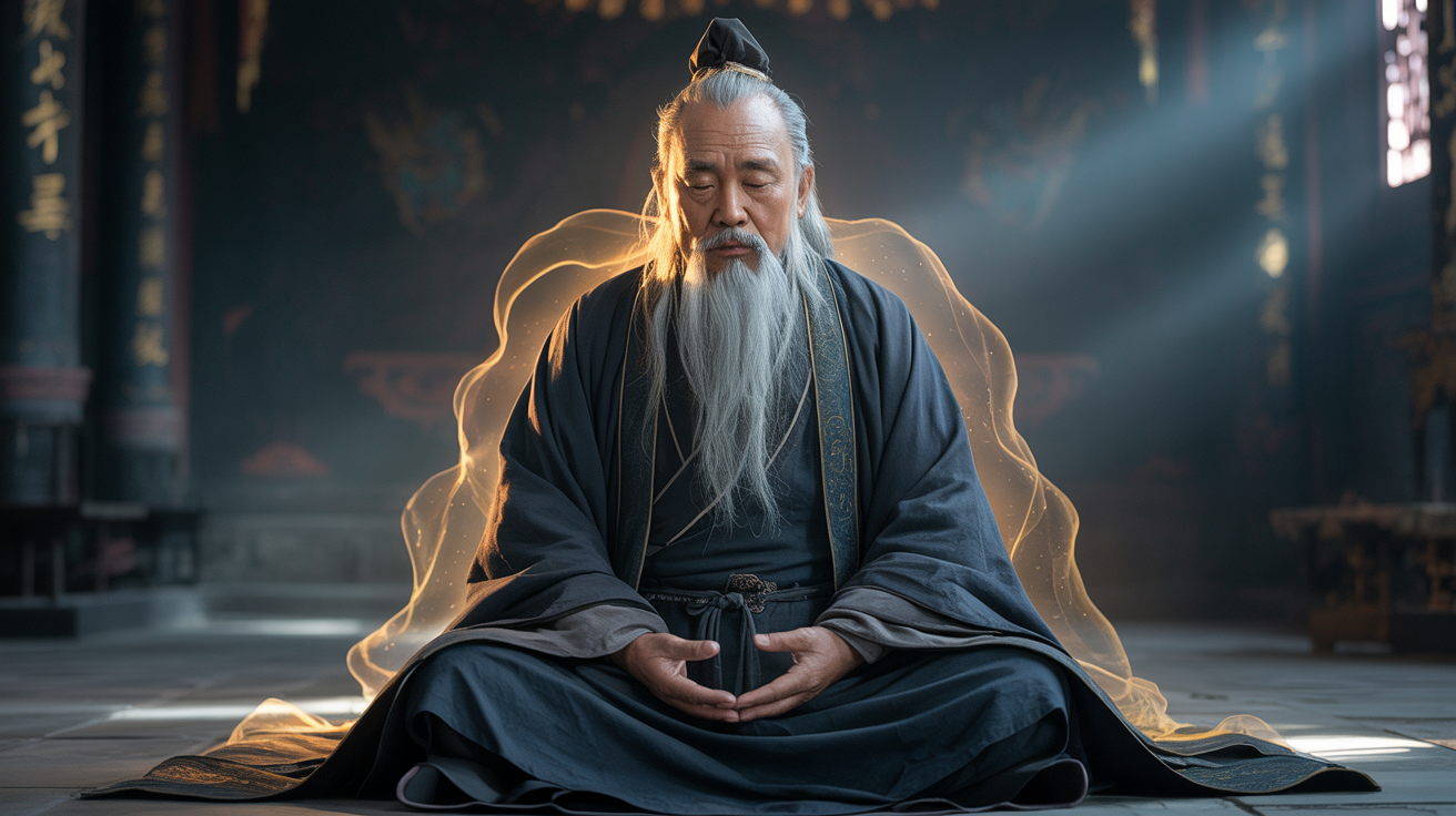 Taoist master in deep meditation with mystical qi energy